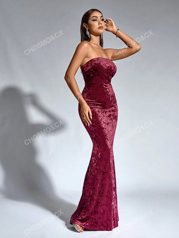 CHOSMO CHOSMO Tube Top Rear Zip Up Red Maxi Skirt Backless Tail Dragging Pendulum Velvet Dresses Elegant Romantic Wedding Bridesmaid Dress