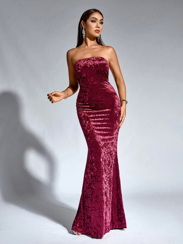 CHOSMO CHOSMO Tube Top Rear Zip Up Red Maxi Skirt Backless Tail Dragging Pendulum Velvet Dresses Elegant Romantic Wedding Bridesmaid Dress