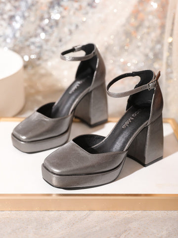 Women's Square Toe Platform Thick Heel Hollow Mid-Silver PU Pumps, New Fashion
