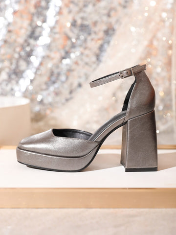 Women's Square Toe Platform Thick Heel Hollow Mid-Silver PU Pumps, New Fashion