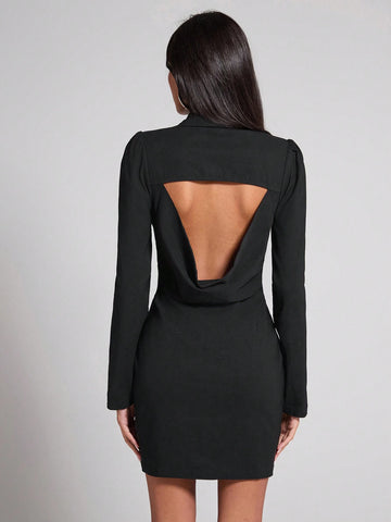 COSMINA 1pc Women Black Backless Jumper Dress, Autumn/Winter