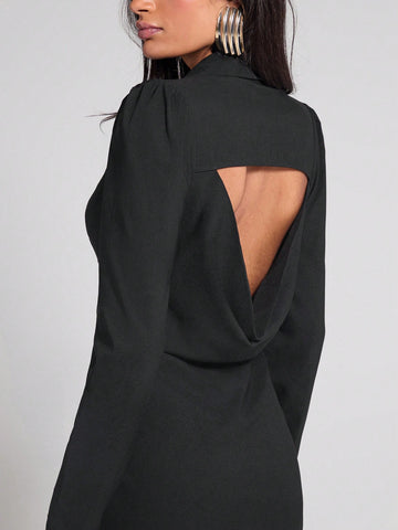 COSMINA 1pc Women Black Backless Jumper Dress, Autumn/Winter