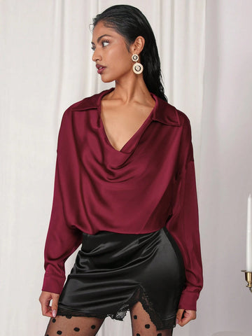 COSMINA 1pc Women's Cowl Neck Wine Red Bodysuit, For Valentine's Day, Autumn/Winter