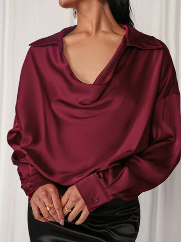 COSMINA 1pc Women's Cowl Neck Wine Red Bodysuit, For Valentine's Day, Autumn/Winter