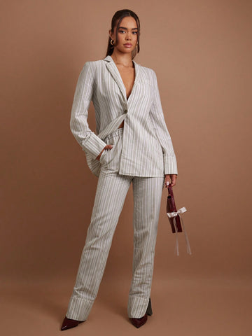 COSMINA 2 Piece Women Casual Striped Lapel Neck Long Sleeve Jacket And Pants Set For Autumn