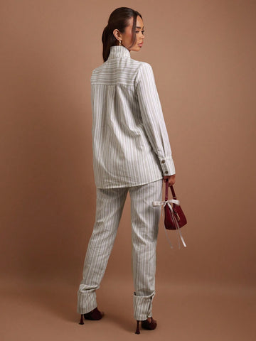 COSMINA 2 Piece Women Casual Striped Lapel Neck Long Sleeve Jacket And Pants Set For Autumn