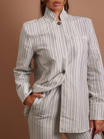 COSMINA 2 Piece Women Casual Striped Lapel Neck Long Sleeve Jacket And Pants Set For Autumn