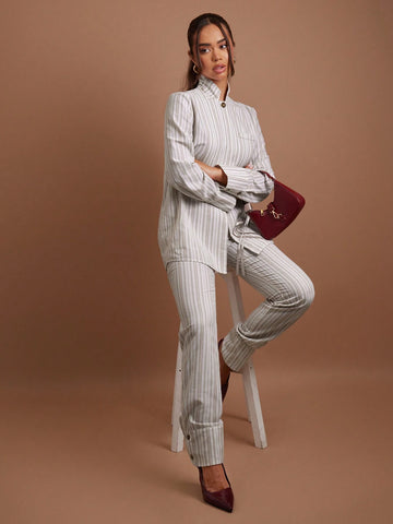 COSMINA 2 Piece Women Casual Striped Lapel Neck Long Sleeve Jacket And Pants Set For Autumn