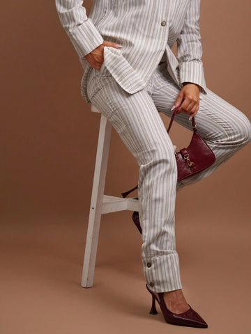COSMINA 2 Piece Women Casual Striped Lapel Neck Long Sleeve Jacket And Pants Set For Autumn