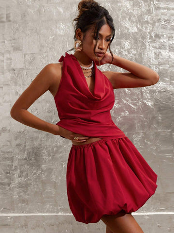 COSMINA 2pcs/Set Women Elegant Solid Color Draping Neck Sleeveless Top And Bubble Hem Skirt Set, Summer