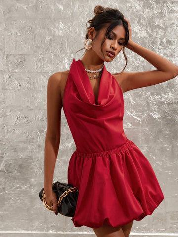 COSMINA 2pcs/Set Women Elegant Solid Color Draping Neck Sleeveless Top And Bubble Hem Skirt Set, Summer