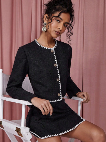 COSMINA 2pcs/Set Women Old Coin Print Contrast Trim Long Sleeve Jacket & Midi Skirt