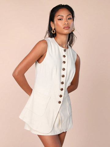 COSMINA 2pcs/Set Women Plain Front Button Sleeveless Top And A-Line Skirt