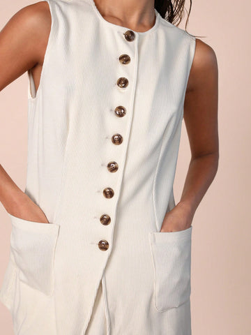 COSMINA 2pcs/Set Women Plain Front Button Sleeveless Top And A-Line Skirt