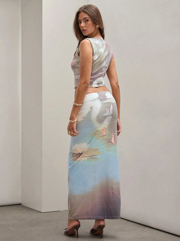 COSMINA 2pcs/Set Women Round Neck Sleeveless Floral Print Top And Skirt