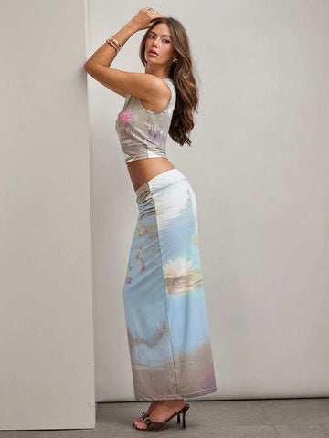 COSMINA 2pcs/Set Women Round Neck Sleeveless Floral Print Top And Skirt