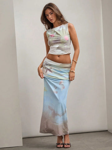 COSMINA 2pcs/Set Women Round Neck Sleeveless Floral Print Top And Skirt