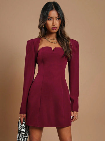 COSMINA 2pcs/Set Women Solid Color Long Sleeve Casual Jacket And Dress Sets