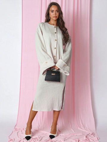 COSMINA 2pcs/Set Women Solid Color Round Neck Long Sleeve Buttoned Top And Slit Hem A-Line Skirt