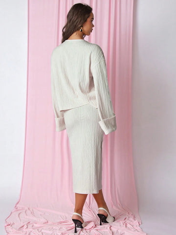 COSMINA 2pcs/Set Women Solid Color Round Neck Long Sleeve Buttoned Top And Slit Hem A-Line Skirt