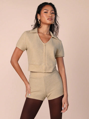 COSMINA 2pcs/Set Women Solid Front Zip Up Short Sleeve Top And Shorts Set