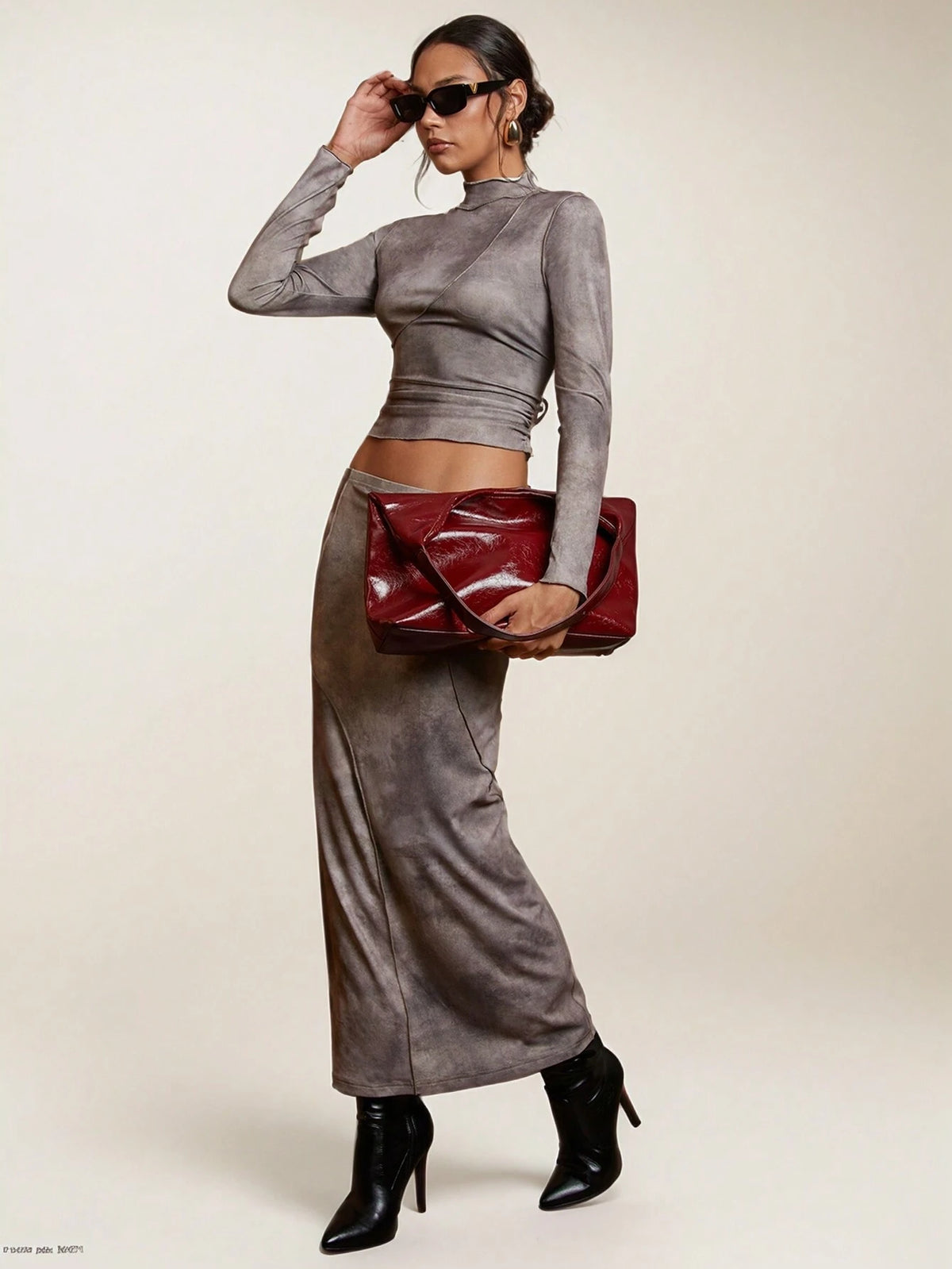 COSMINA 2pcs/Set Women Stand Collar Long Sleeve Simple Top And Skirt Casual Outfit