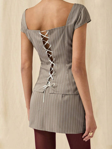 COSMINA 2pcs/Set Women Striped Square Collar Capped Sleeve Single-Breasted Top And Midi Skirt Casual Outfit