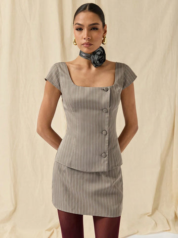 COSMINA 2pcs/Set Women Striped Square Collar Capped Sleeve Single-Breasted Top And Midi Skirt Casual Outfit