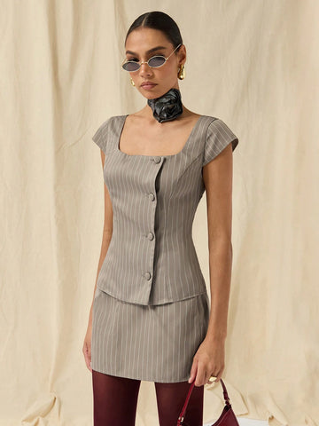 COSMINA 2pcs/Set Women Striped Square Collar Capped Sleeve Single-Breasted Top And Midi Skirt Casual Outfit