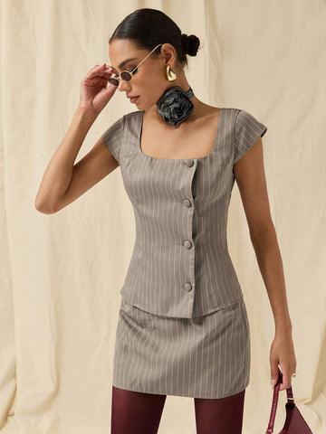 COSMINA 2pcs/Set Women Striped Square Collar Capped Sleeve Single-Breasted Top And Midi Skirt Casual Outfit