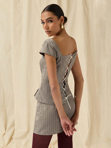 COSMINA 2pcs/Set Women Striped Square Collar Capped Sleeve Single-Breasted Top And Midi Skirt Casual Outfit