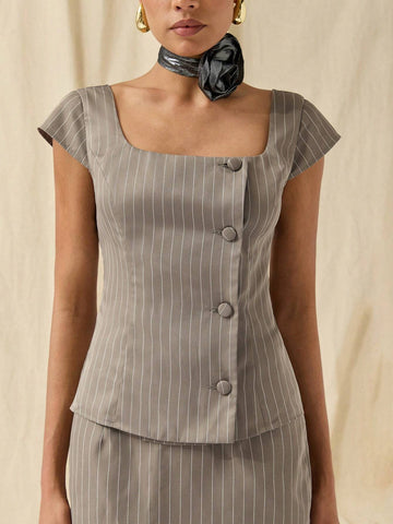 COSMINA 2pcs/Set Women Striped Square Collar Capped Sleeve Single-Breasted Top And Midi Skirt Casual Outfit
