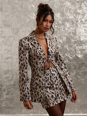 COSMINA 2pcs/Set Women Tie Front Long Sleeve V-Neck Casual Top And Mini Skirt Set