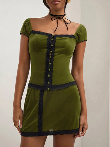 COSMINA 2pcs/Set Women's Dark Green Solid Color Velvet Splice Front Button Minimalist Blouse And A-Line Skirt