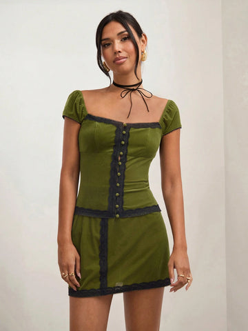 COSMINA 2pcs/Set Women's Dark Green Solid Color Velvet Splice Front Button Minimalist Blouse And A-Line Skirt