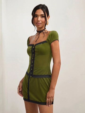 COSMINA 2pcs/Set Women's Dark Green Solid Color Velvet Splice Front Button Minimalist Blouse And A-Line Skirt