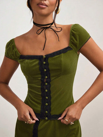 COSMINA 2pcs/Set Women's Dark Green Solid Color Velvet Splice Front Button Minimalist Blouse And A-Line Skirt