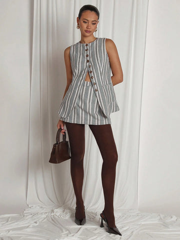 COSMINA 2pcs/Set Women's Front Button Business Casual Work Sleeveless Striped Blouse And Mini Skirt Blazer Set