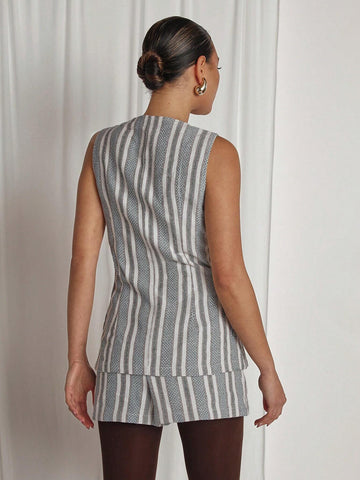 COSMINA 2pcs/Set Women's Front Button Business Casual Work Sleeveless Striped Blouse And Mini Skirt Blazer Set