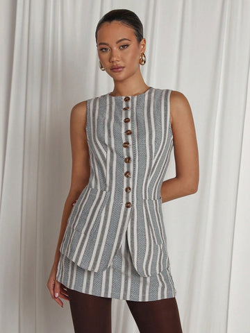 COSMINA 2pcs/Set Women's Front Button Business Casual Work Sleeveless Striped Blouse And Mini Skirt Blazer Set