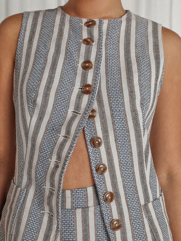 COSMINA 2pcs/Set Women's Front Button Business Casual Work Sleeveless Striped Blouse And Mini Skirt Blazer Set