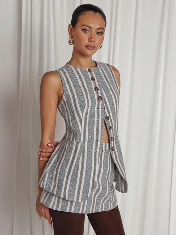 COSMINA 2pcs/Set Women's Front Button Business Casual Work Sleeveless Striped Blouse And Mini Skirt Blazer Set