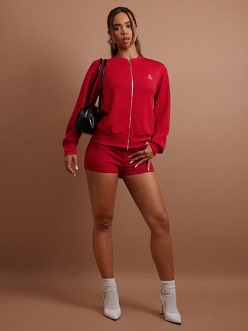 COSMINA 2pcs Set Women Cherry Print Zipper Stand Collar Sweatshirt And Shorts, Casual Autumn Outfit