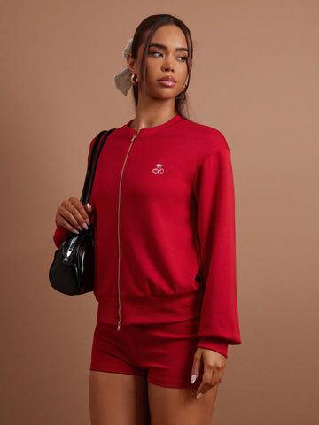 COSMINA 2pcs Set Women Cherry Print Zipper Stand Collar Sweatshirt And Shorts, Casual Autumn Outfit