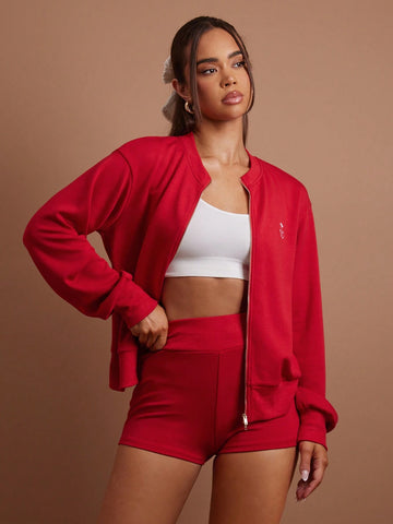 COSMINA 2pcs Set Women Cherry Print Zipper Stand Collar Sweatshirt And Shorts, Casual Autumn Outfit