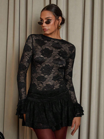 COSMINA 2pcs Set Women Elegant Sexy Jacquard Lace Flare Sleeve Top