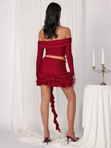 COSMINA 2pcs Valentine's Day & New Year Burgundy 3D Floral Ribbon Set For Women, Autumn/Winter