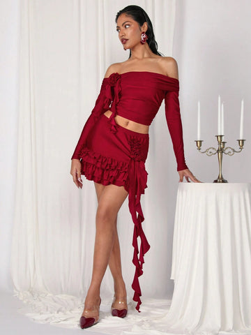 COSMINA 2pcs Valentine's Day & New Year Burgundy 3D Floral Ribbon Set For Women, Autumn/Winter