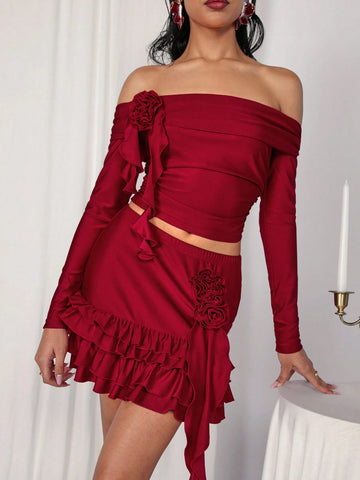 COSMINA 2pcs Valentine's Day & New Year Burgundy 3D Floral Ribbon Set For Women, Autumn/Winter