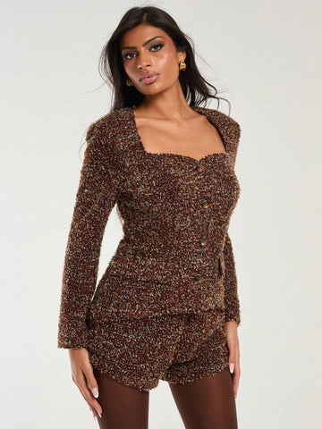 COSMINA 2pcs Women Brown Elegant Blazer And Shorts Set, Autumn/Winter